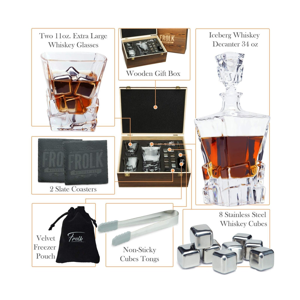 Whiskey Decanter and Stones Gift Set for Men - Whiskey Decanter, 2 Rocks Whis...