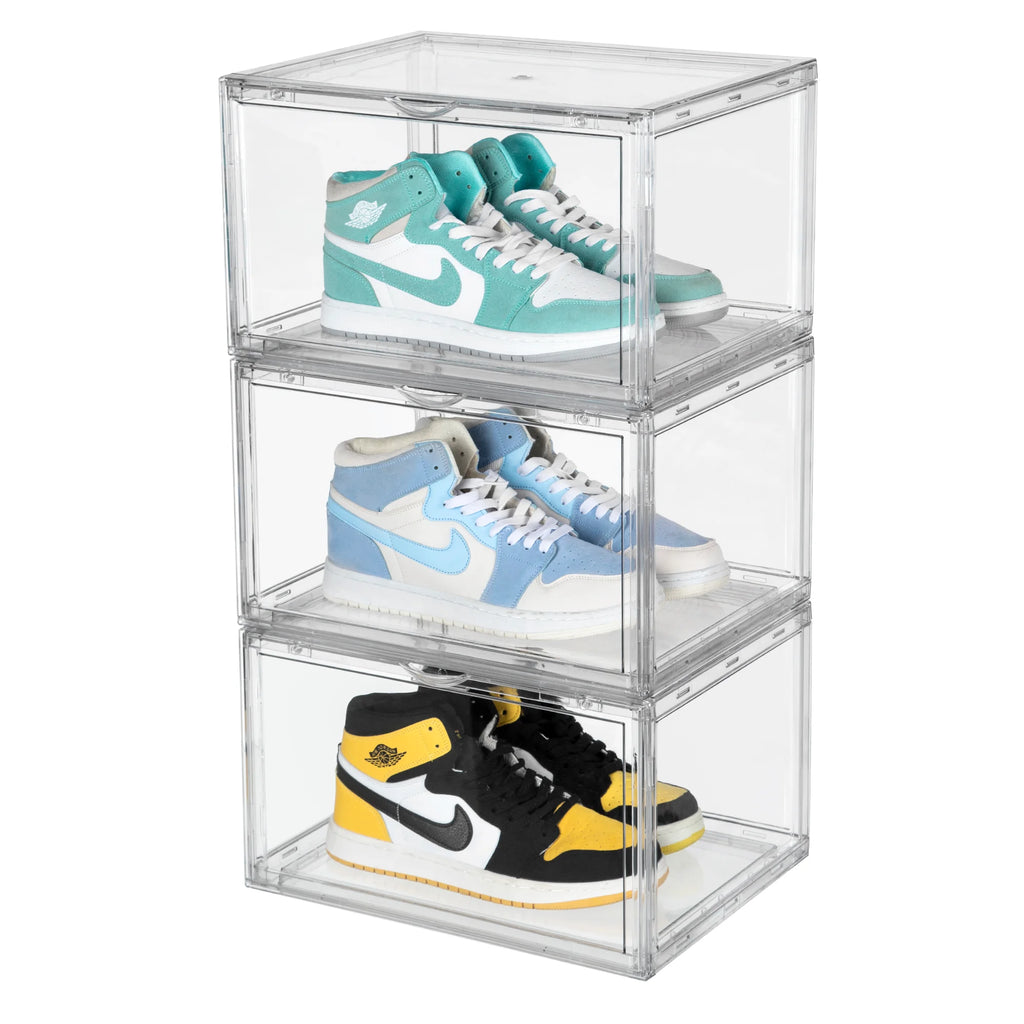Shoe Storage Boxes, Stackable, Plastic, Magnetic Side Opening Shoe Organizer, Space-Saving, Clear, 3 Pack