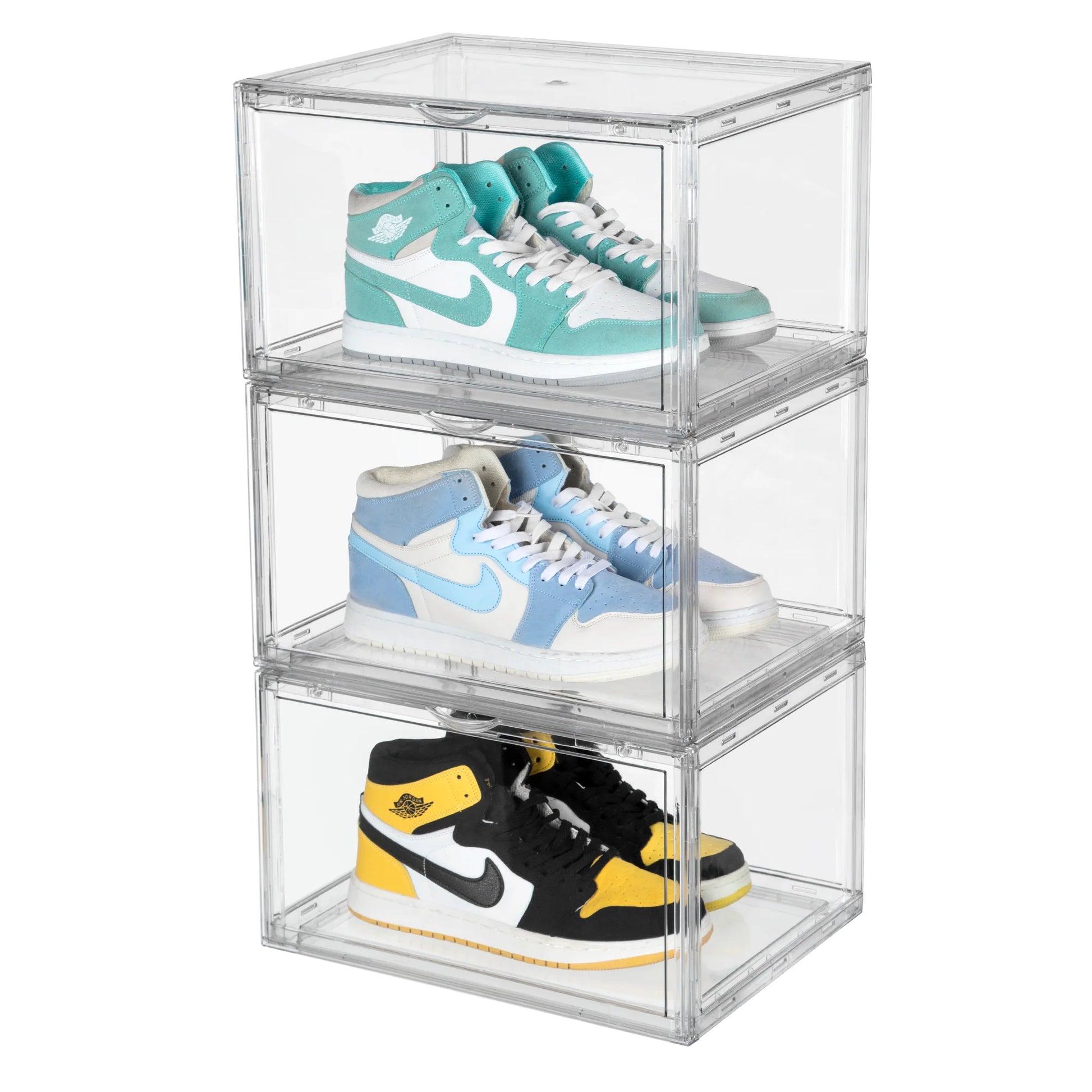 Shoe Storage Boxes, Stackable, Plastic, Magnetic Side Opening Shoe Organizer, Space-Saving, Clear, 3 Pack