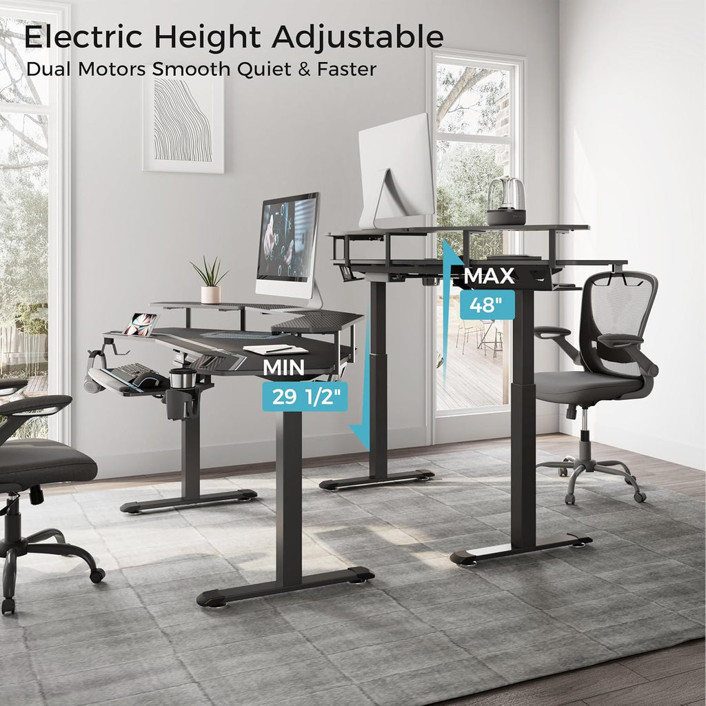 Gaming Desk, Standing Desk W Keyboard Tray, 72" Wing Shaped Music Studio Table with LED Shelves, Gaming Recording Live Stream, Slot Design