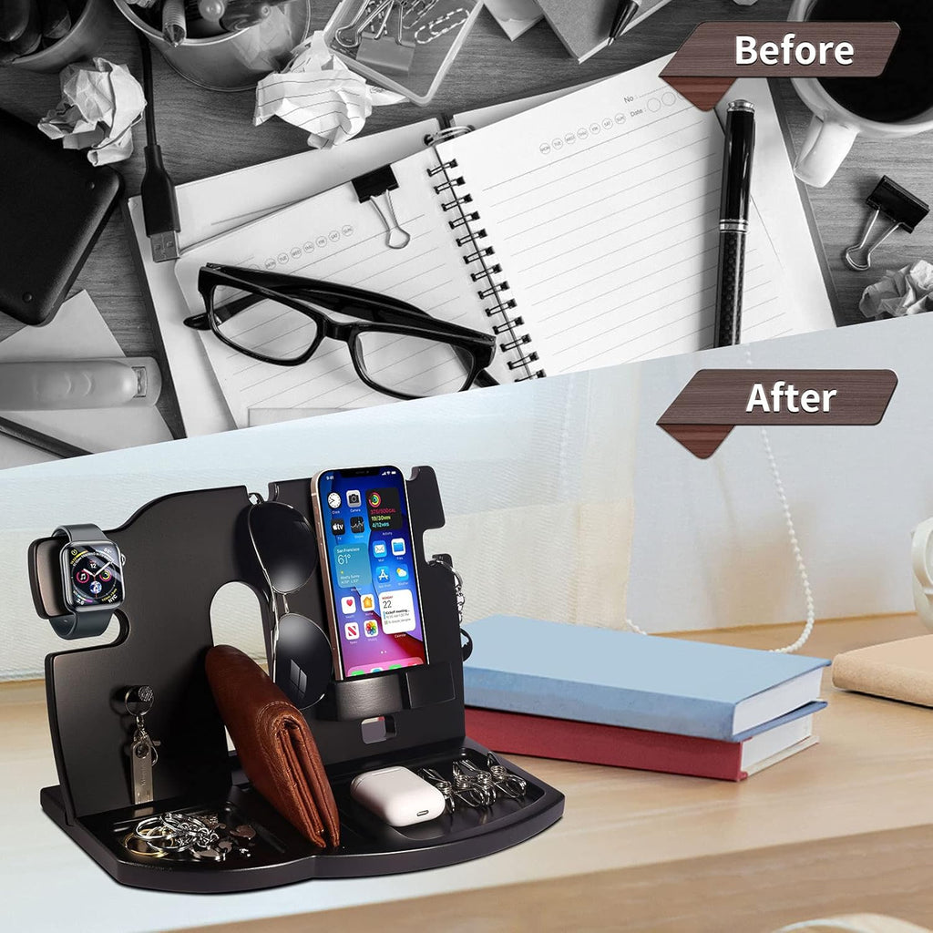 Wood Phone Docking Station Black Key Holder Wallet Stand Watch Organizer Men Gift Husband Wife Anniversary Dad Birthday Nightstand Purse Father Graduation Male Travel Perfect Gadgets