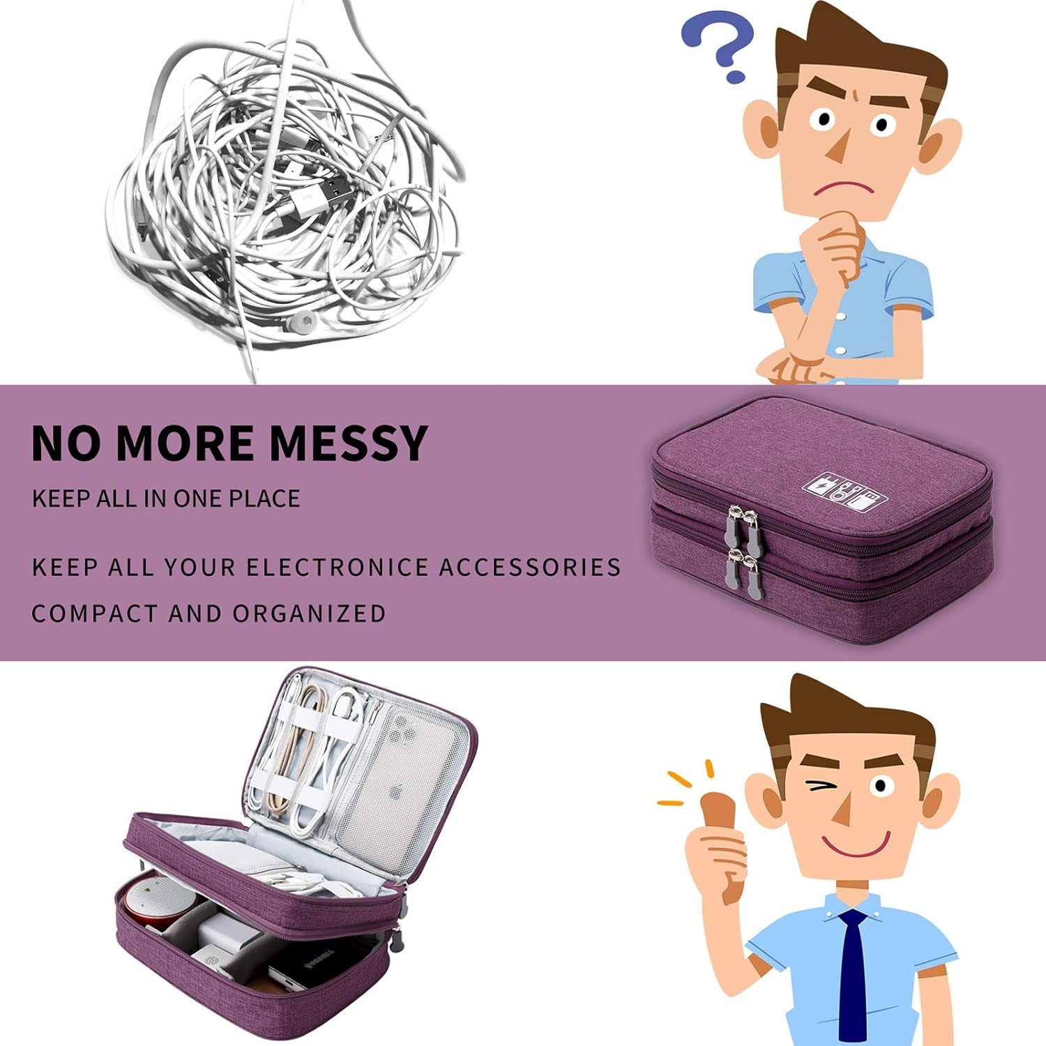Travel Cable Organizer Bag, Electronic Accessories Case Portable Double Layer Cable Storage Bag for Cord,Phone,Charger, Flash Drive, Phone, SD Card,Personal Items - (Purple)