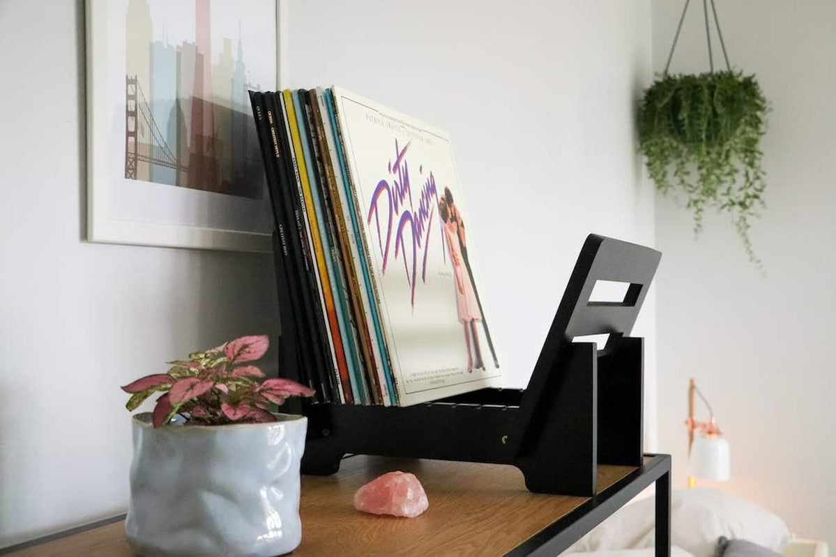 Vinyl Record Holder Storage - Display up to 50 Albums, Fits 7” and 12” Records or Lps - Music Record Storage and Organizer - Black Bamboo