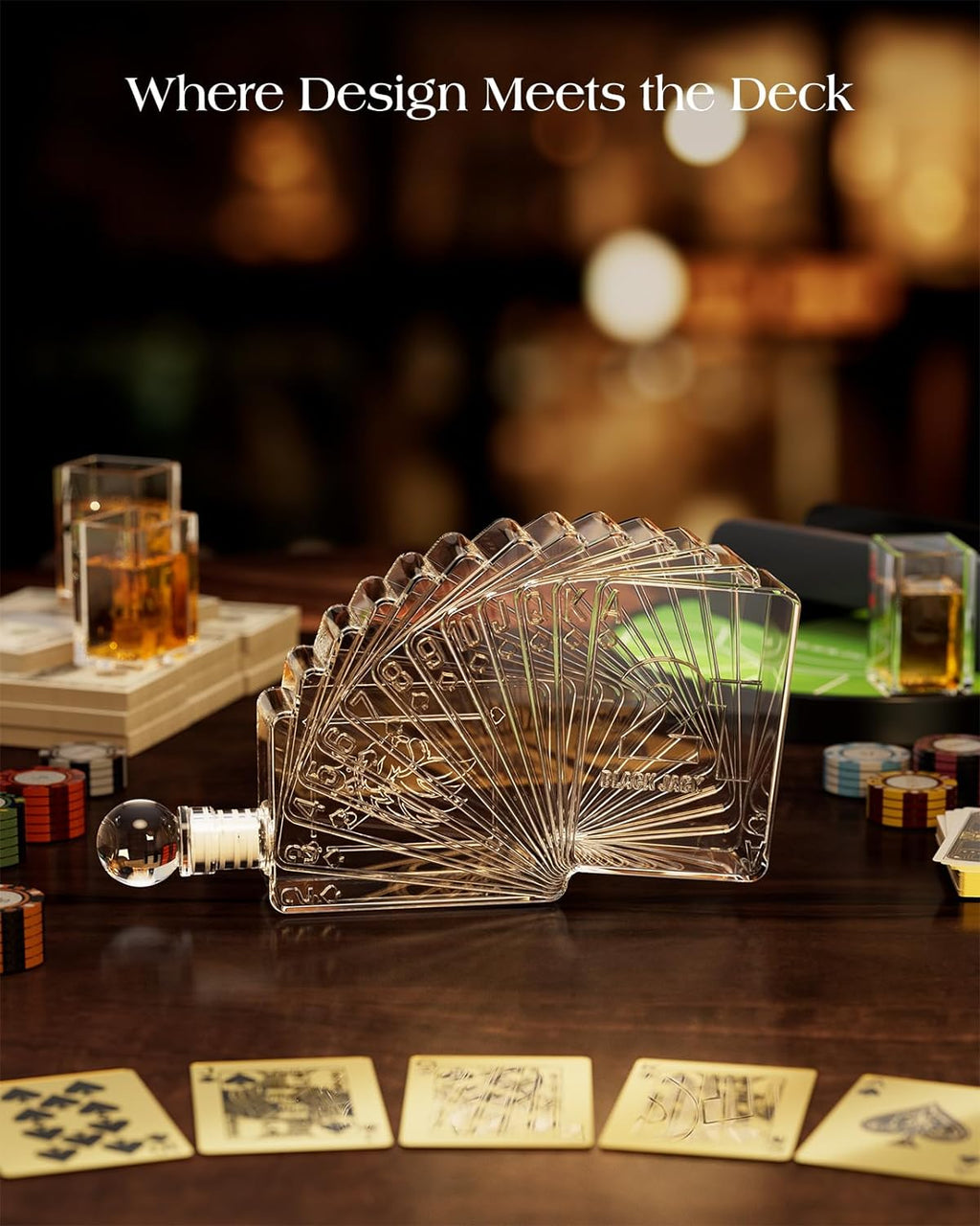 Blackjack Whiskey Decanter Set, 37.2 Oz Whiskey Decanter with 4 Glasses, Casino
