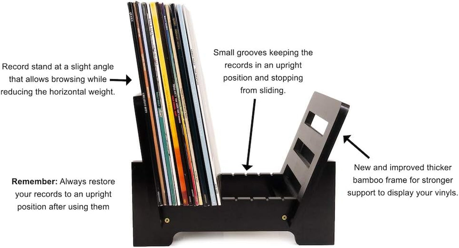 Vinyl Record Holder Storage - Display up to 50 Albums, Fits 7” and 12” Records or Lps - Music Record Storage and Organizer - Black Bamboo
