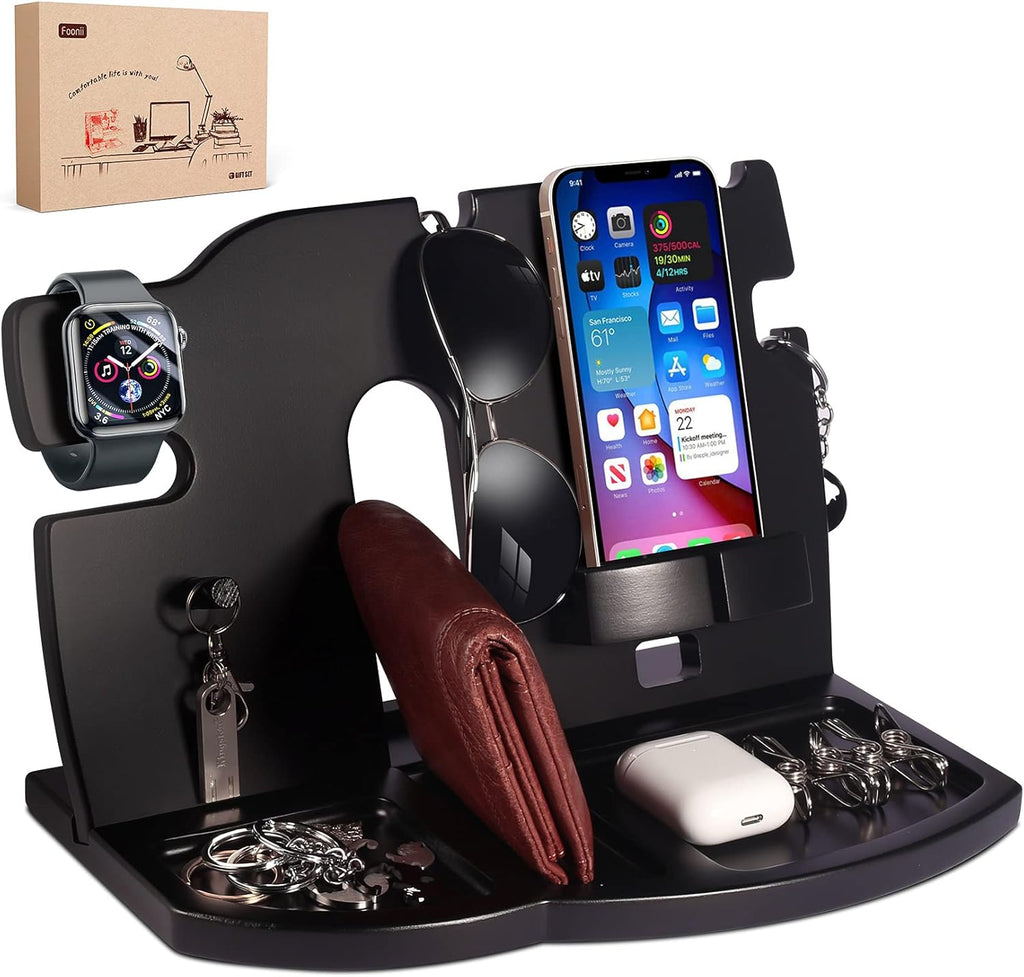Wood Phone Docking Station Black Key Holder Wallet Stand Watch Organizer Men Gift Husband Wife Anniversary Dad Birthday Nightstand Purse Father Graduation Male Travel Perfect Gadgets
