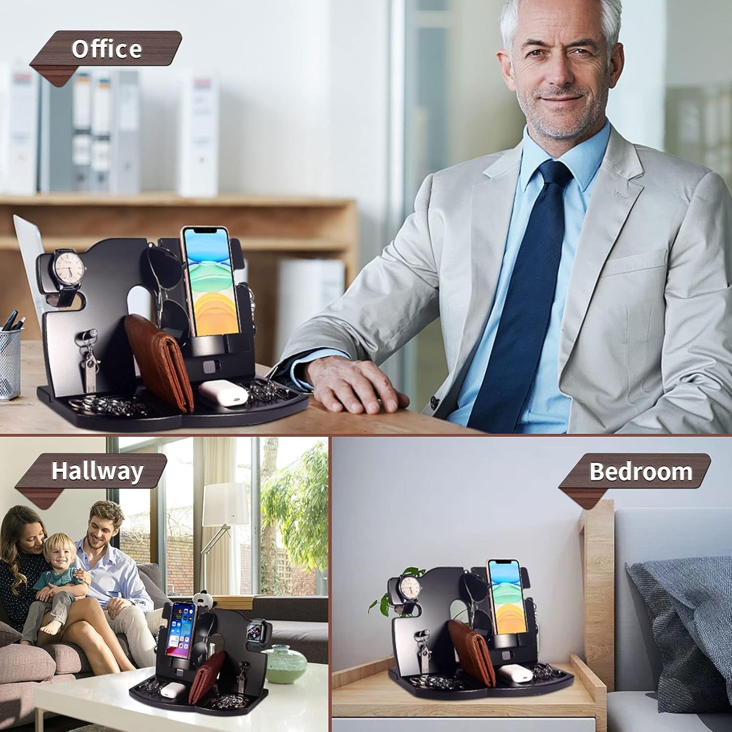 Wood Phone Docking Station Black Key Holder Wallet Stand Watch Organizer Men Gift Husband Wife Anniversary Dad Birthday Nightstand Purse Father Graduation Male Travel Perfect Gadgets
