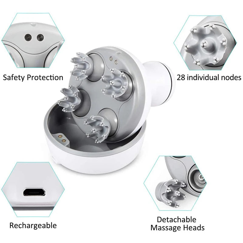 Head Scalp Massager with 4 Replacement Massage Heads Portable Head Scratcher for Stress Release and Hair Growth