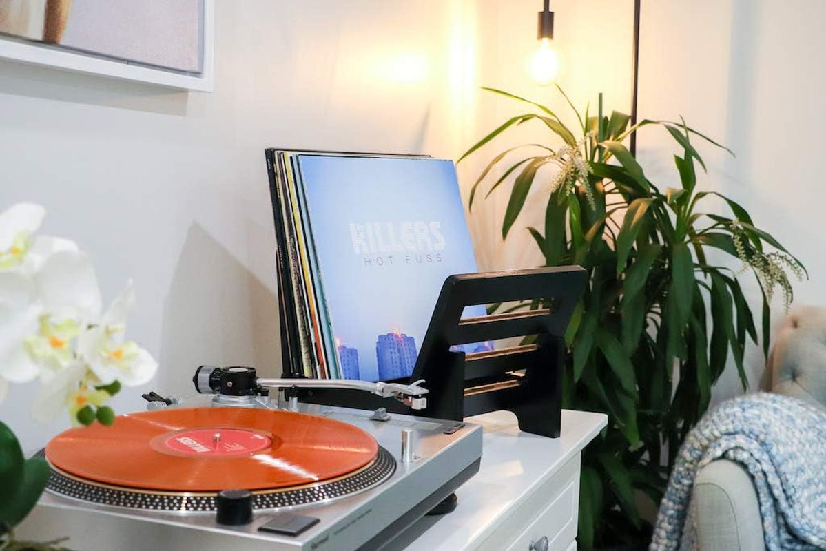 Vinyl Record Holder Storage - Display up to 50 Albums, Fits 7” and 12” Records or Lps - Music Record Storage and Organizer - Black Bamboo