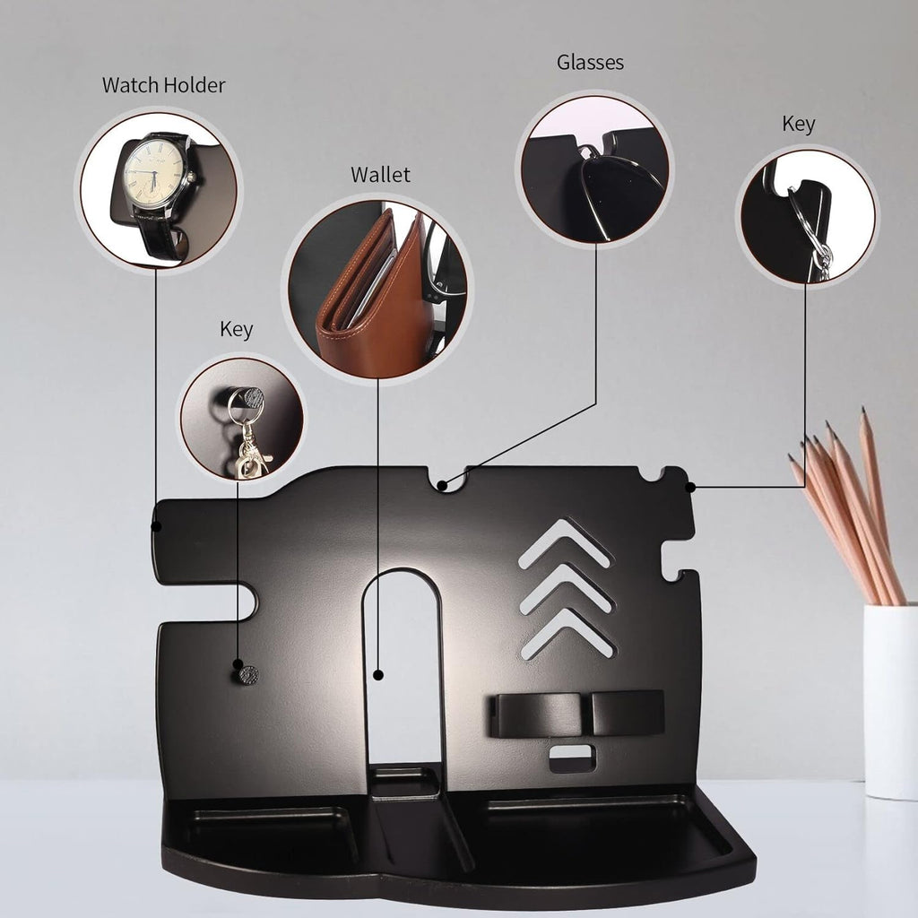 Wood Phone Docking Station Black Key Holder Wallet Stand Watch Organizer Men Gift Husband Wife Anniversary Dad Birthday Nightstand Purse Father Graduation Male Travel Perfect Gadgets