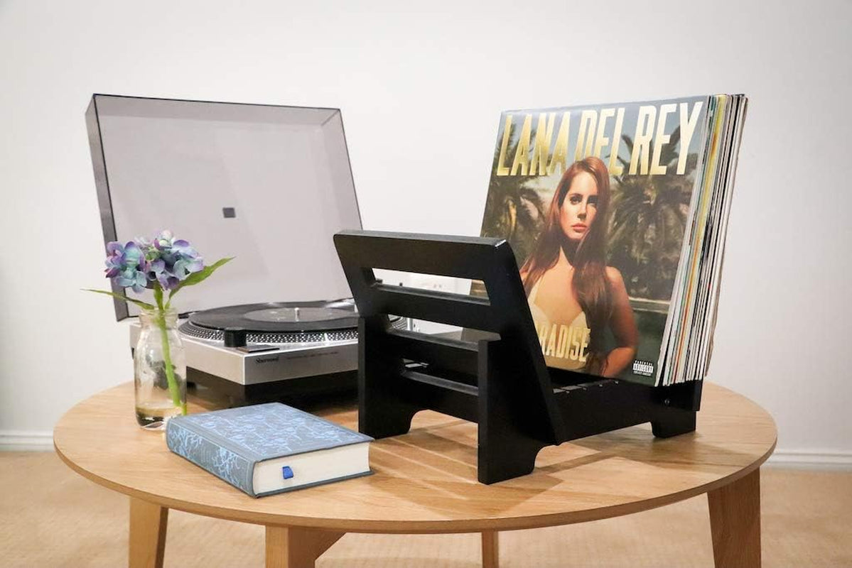 Vinyl Record Holder Storage - Display up to 50 Albums, Fits 7” and 12” Records or Lps - Music Record Storage and Organizer - Black Bamboo