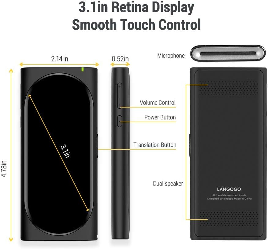 Genesis Portable Language Translator Device, 100+ Languages Pocket Translator, Real-Time Voice Translator with Offline Translation, Built-In Data, 3.1Inch Retina Display Traductor, Black