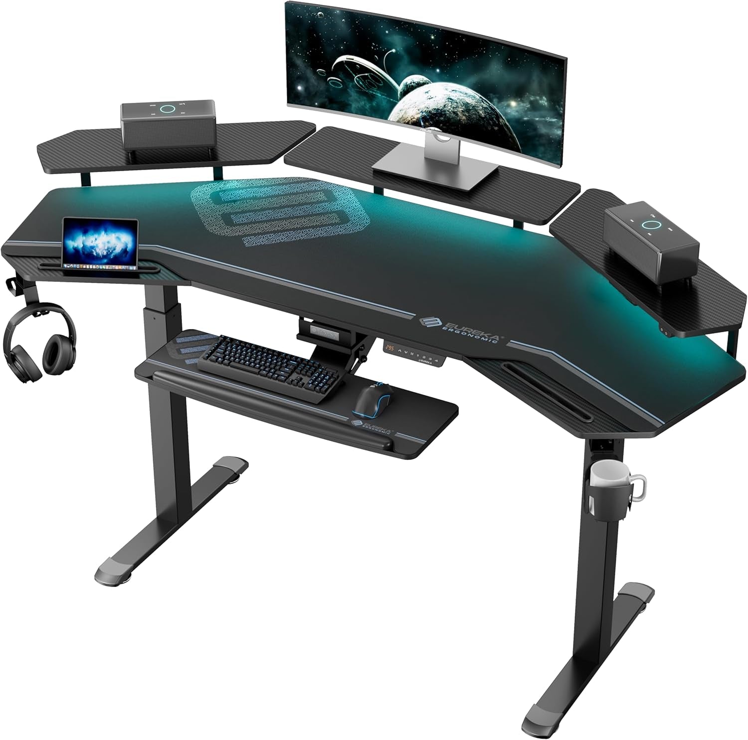 Gaming Desk, Standing Desk W Keyboard Tray, 72" Wing Shaped Music Studio Table with LED Shelves, Gaming Recording Live Stream, Slot Design