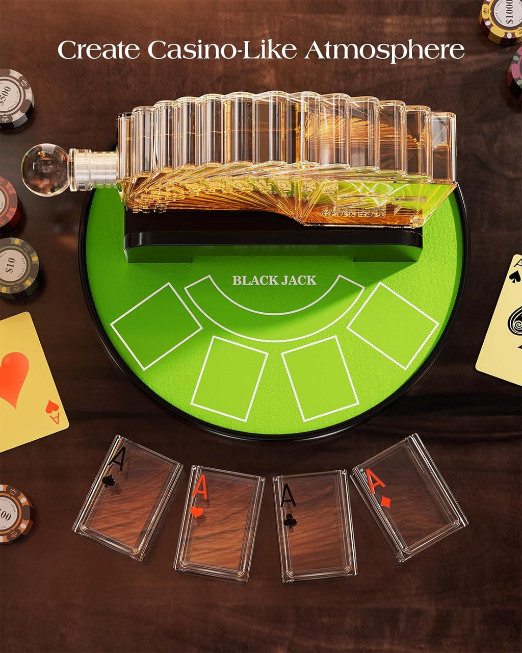 Blackjack Whiskey Decanter Set, 37.2 Oz Whiskey Decanter with 4 Glasses, Casino