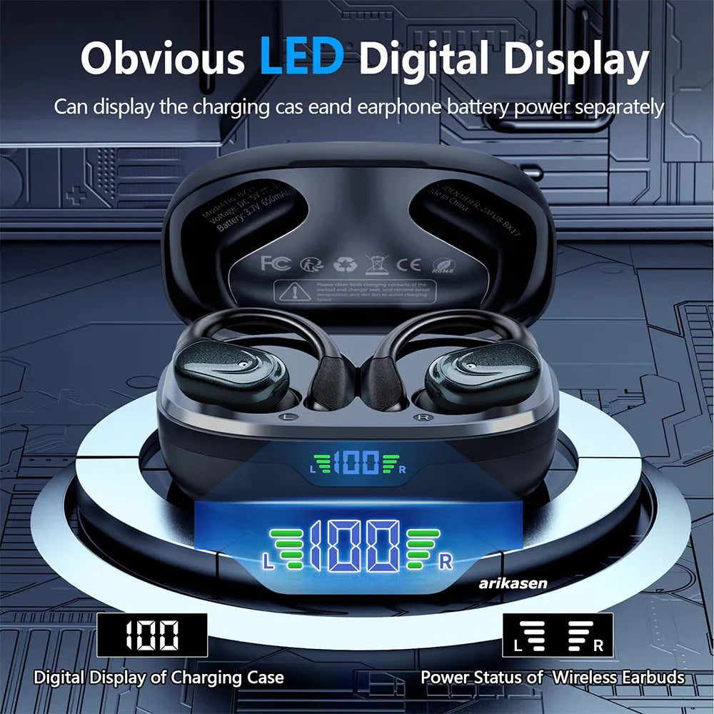 Wireless Headphones Bluetooth 5.3 Earphones 75Hrs Playtime with Mic LED Display Button Control Earhook Sport Waterproof Headsets