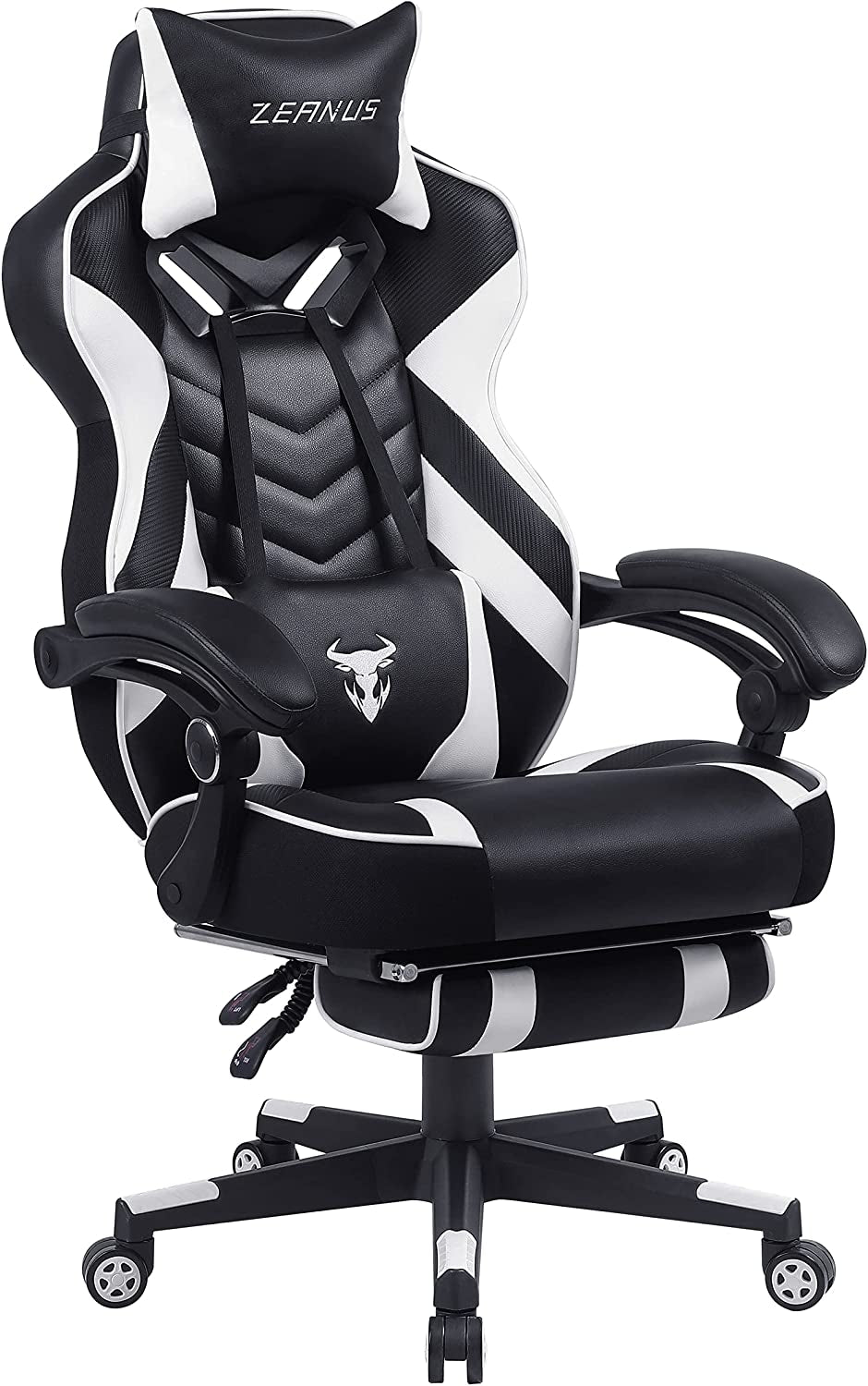 Ergonomic Gaming Chair with Footrest Recliner and Massage - High Back Office Gamer Chair for Adults - Big and Tall - White/Black