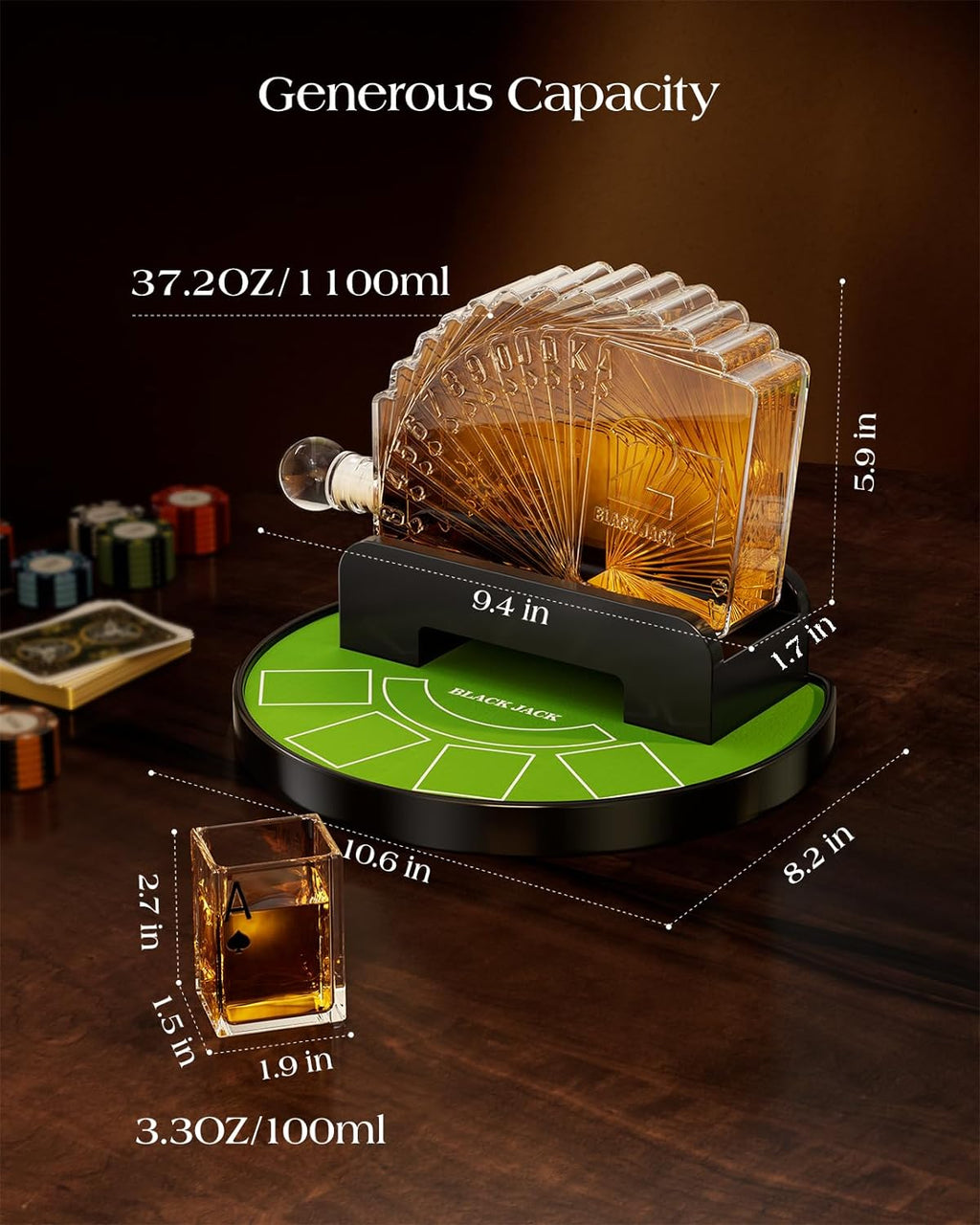 Blackjack Whiskey Decanter Set, 37.2 Oz Whiskey Decanter with 4 Glasses, Casino