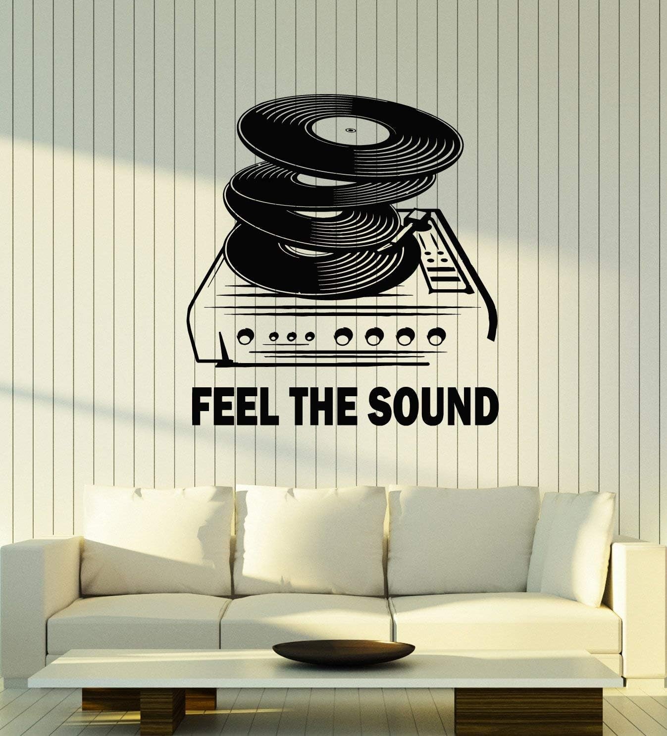 Vinyl Wall Decal Feel the Sound Phrase Vintage Record Retro Music Stickers Mural Large Decor (G3809) Black