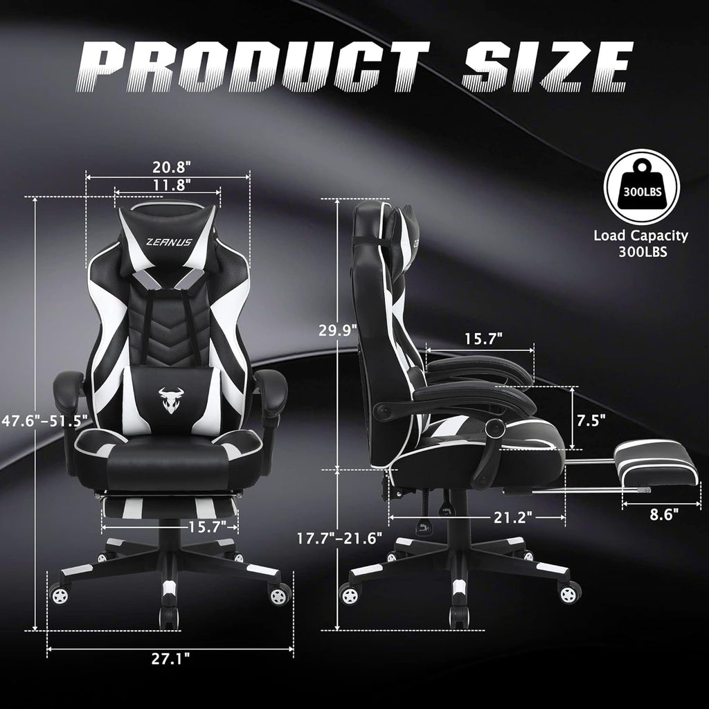 Ergonomic Gaming Chair with Footrest Recliner and Massage - High Back Office Gamer Chair for Adults - Big and Tall - White/Black